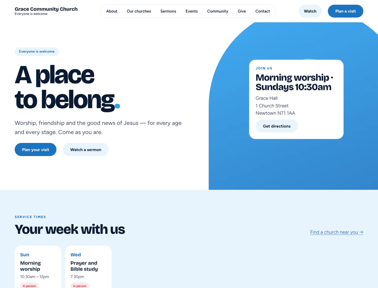 Gradespace Church home page in the Gathering design