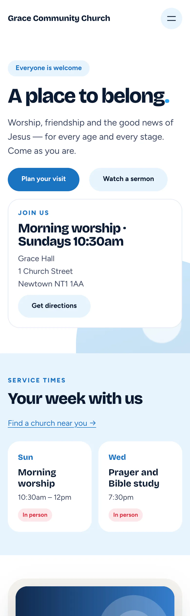 Church home page in the Gathering design on a phone: hero “A place to belong”, Plan your visit and Watch a sermon buttons, service-time card and weekly service times