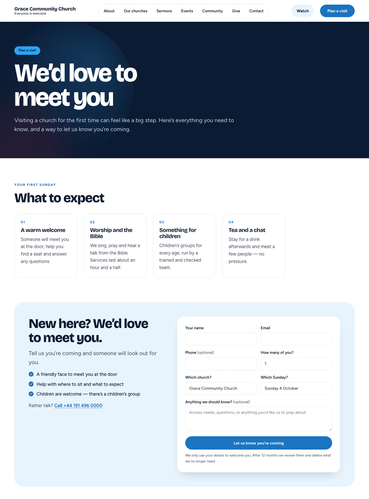 Church “Plan a visit” page in the Gathering design on desktop: “We’d love to meet you” page: what to expect on a first Sunday and the Plan a visit form