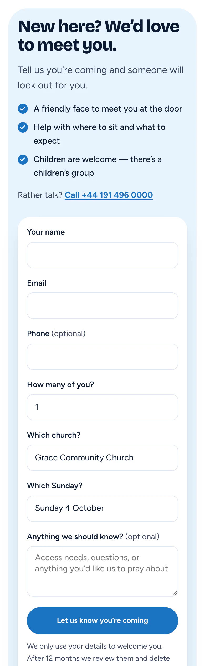 Church “Plan a visit” page in the Gathering design on a phone: Plan a visit form: name, email, party size, which church and which Sunday