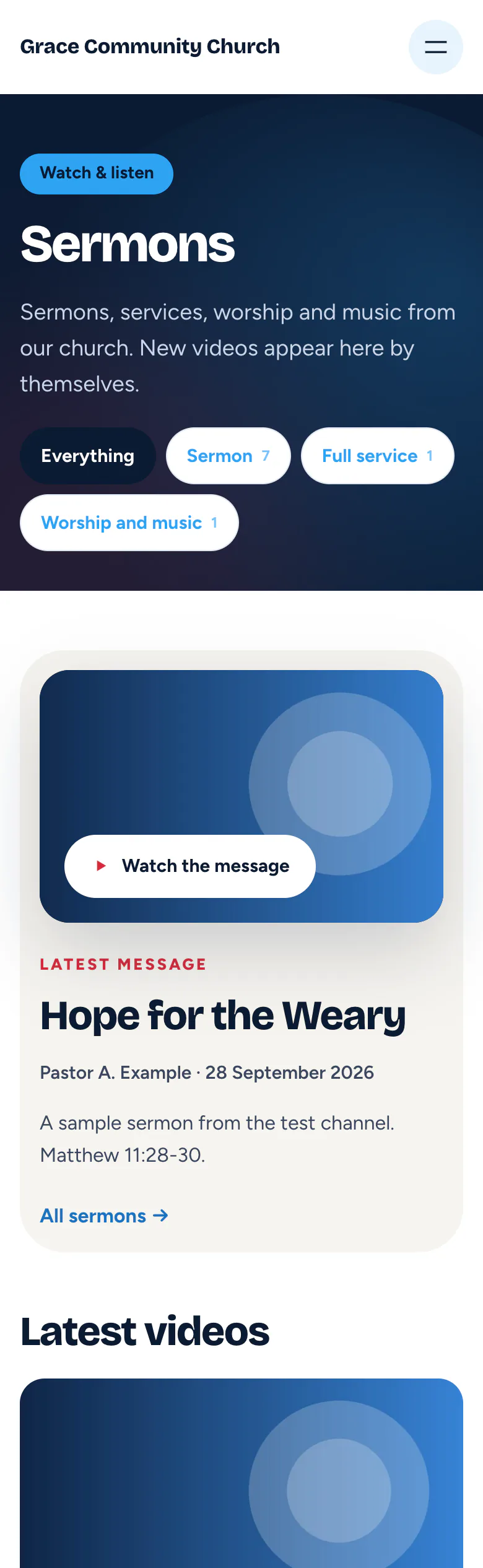Church “Sermons” page in the Gathering design on a phone: sermons header with filter chips and the latest message