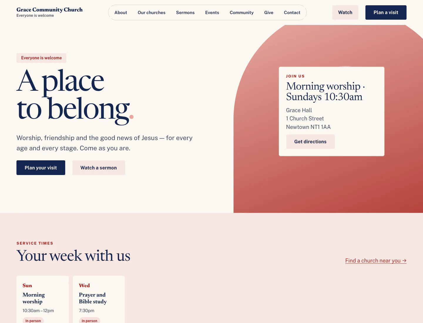 Gradespace Church home page in the Heritage design