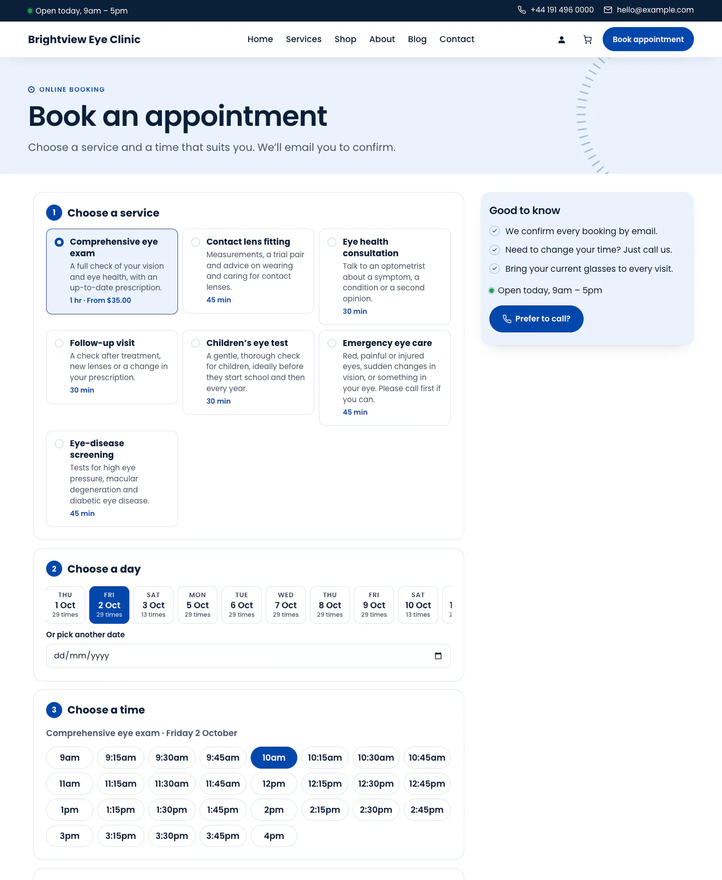 Clinic “Book an appointment” page in the Default design on desktop: online booking form: service chosen, day chips with free-time counts and a grid of free appointment times