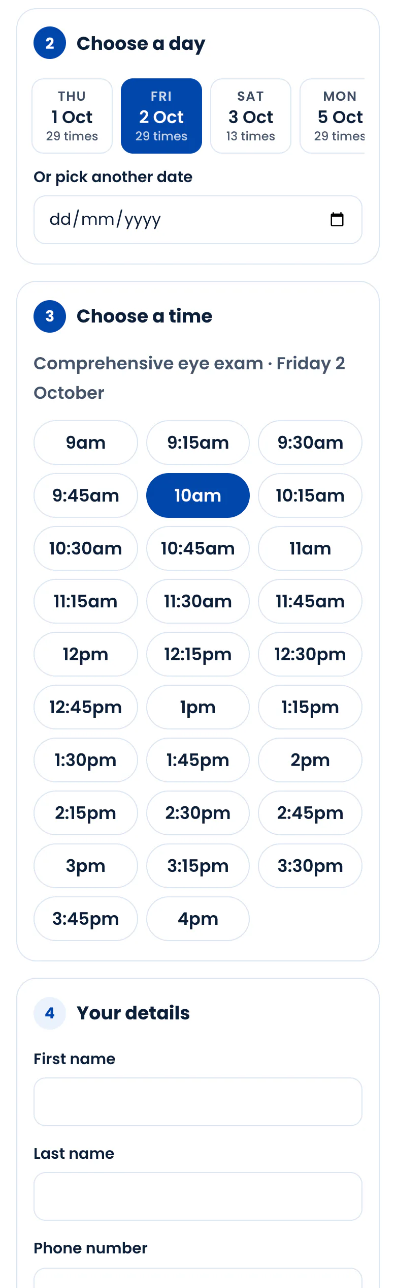 Clinic “Book an appointment” page in the Default design on a phone: booking form: day chips with free-time counts and the grid of free appointment times