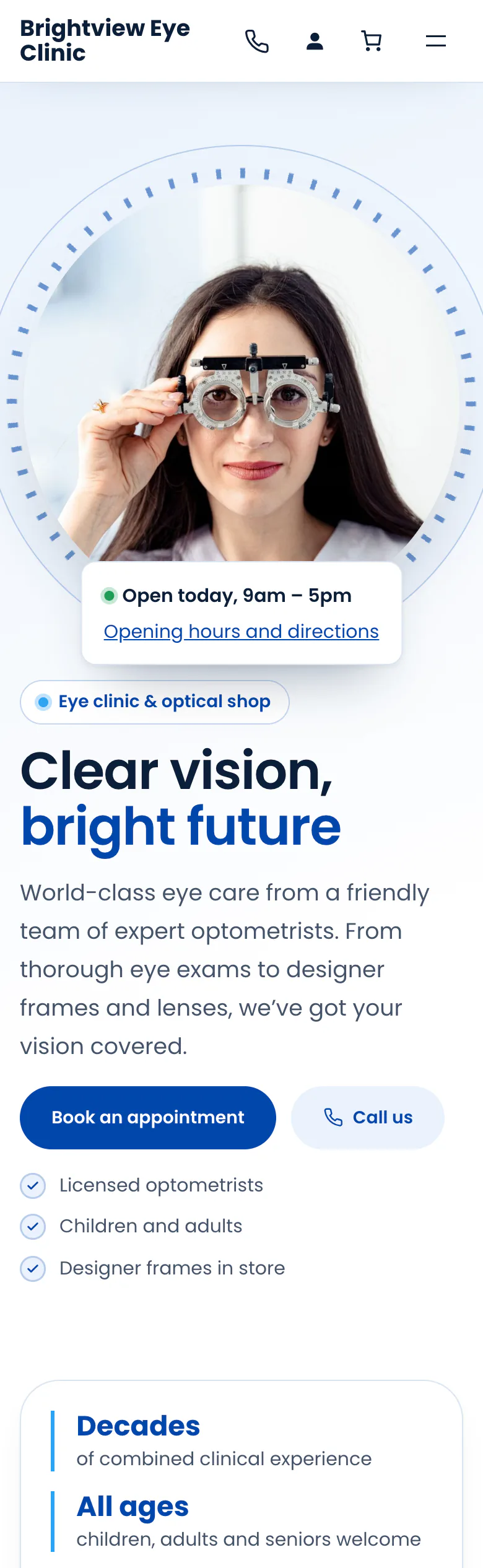 Clinic home page in the Default design on a phone: hero with opening-hours card, “Book an appointment” and “Call us” buttons, and key facts
