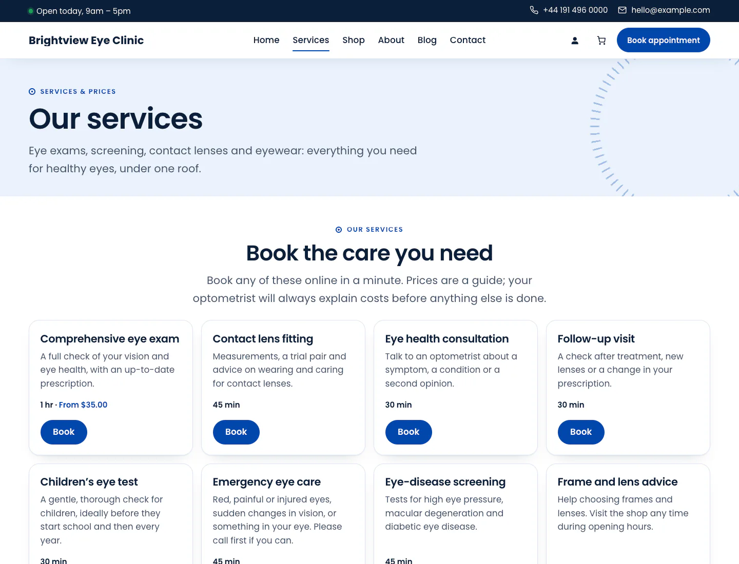 Clinic “Services” page in the Default design on desktop: page header and bookable service cards with durations, prices and Book buttons