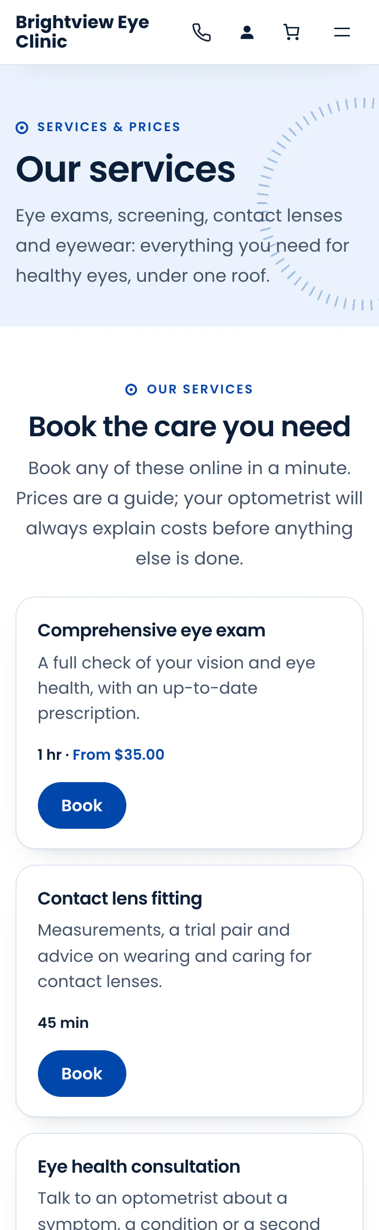 Clinic “Services” page in the Default design on a phone: page header and the first bookable service cards with durations and Book buttons