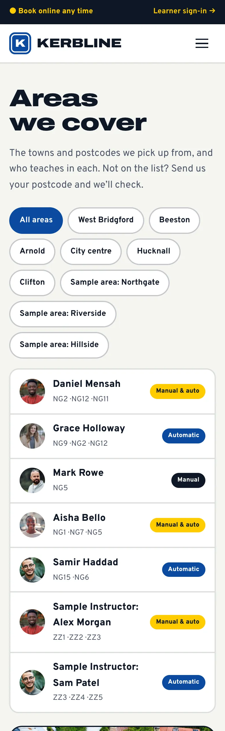 Areas we cover page in the Signal design on a phone: area chips, then each instructor with their postcodes and gearbox