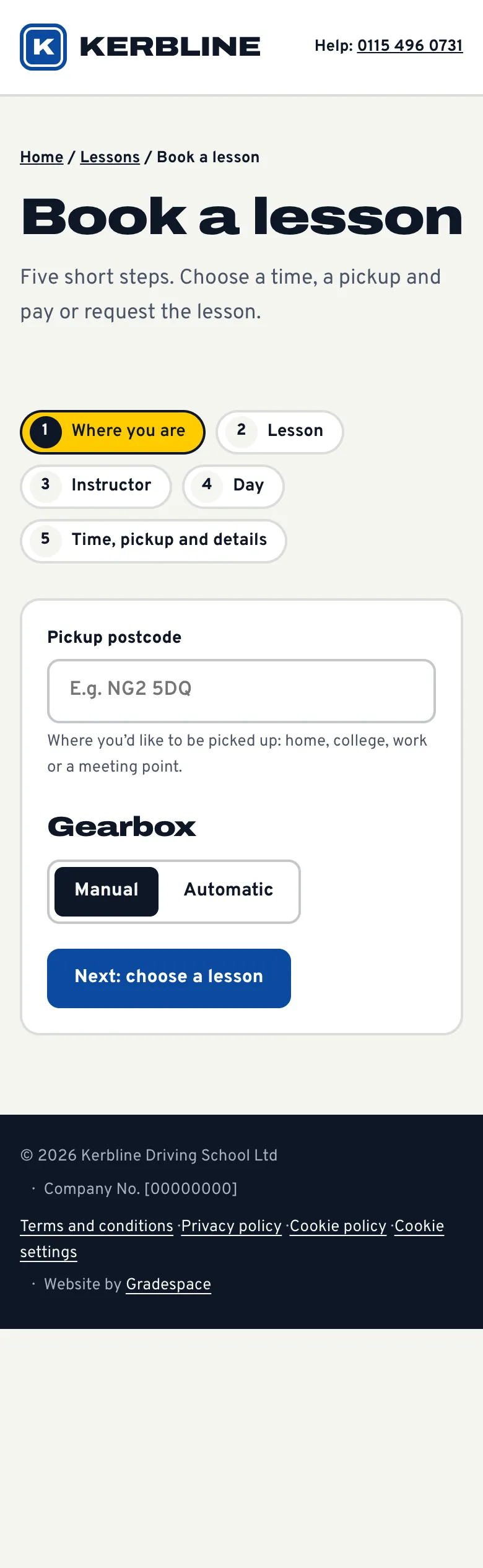 Book a lesson page in the Signal design on a phone: the five steps, the pickup postcode, manual or automatic and Next: choose a lesson