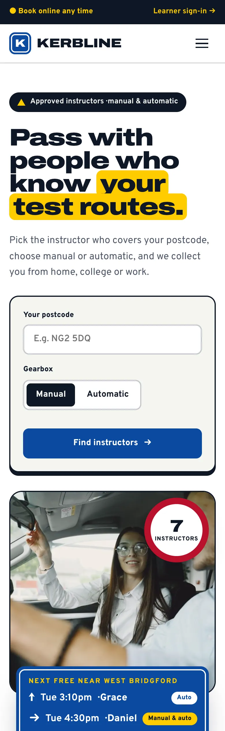 Driving school home page in the Signal design on a phone: the headline, the postcode and gearbox finder with Find instructors, then a photo of a lesson and the next free lessons on a blue sign