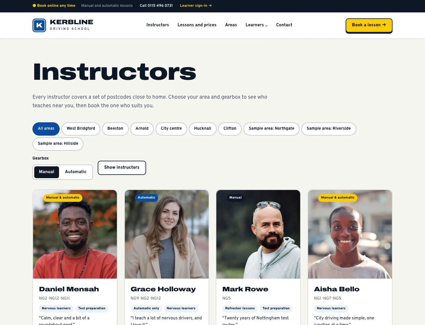 Instructors page in the Signal design on desktop: filters by area and gearbox, and cards with each instructor’s photo, manual or automatic, postcodes, specialisms such as nervous learners and a short quote