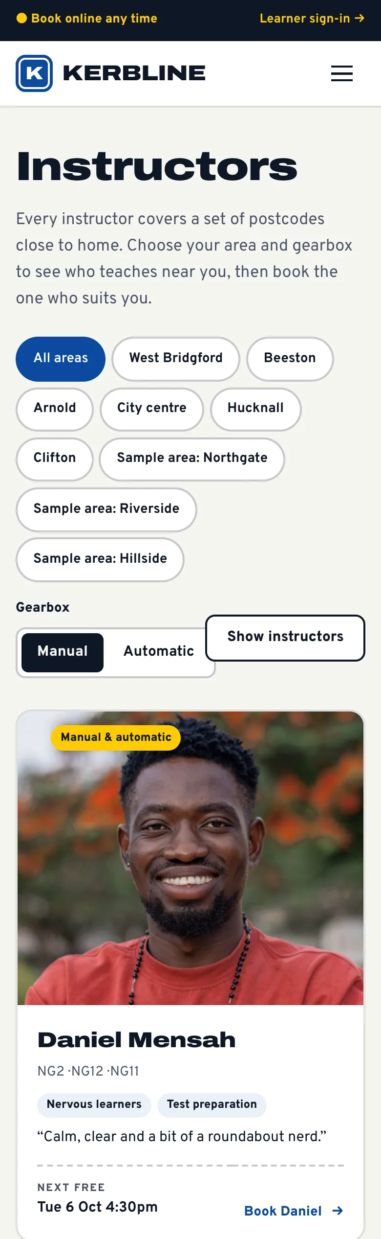 Instructors page in the Signal design on a phone: area chips, the gearbox switch and an instructor’s card with postcodes, specialisms, a quote and their next free time with a Book button