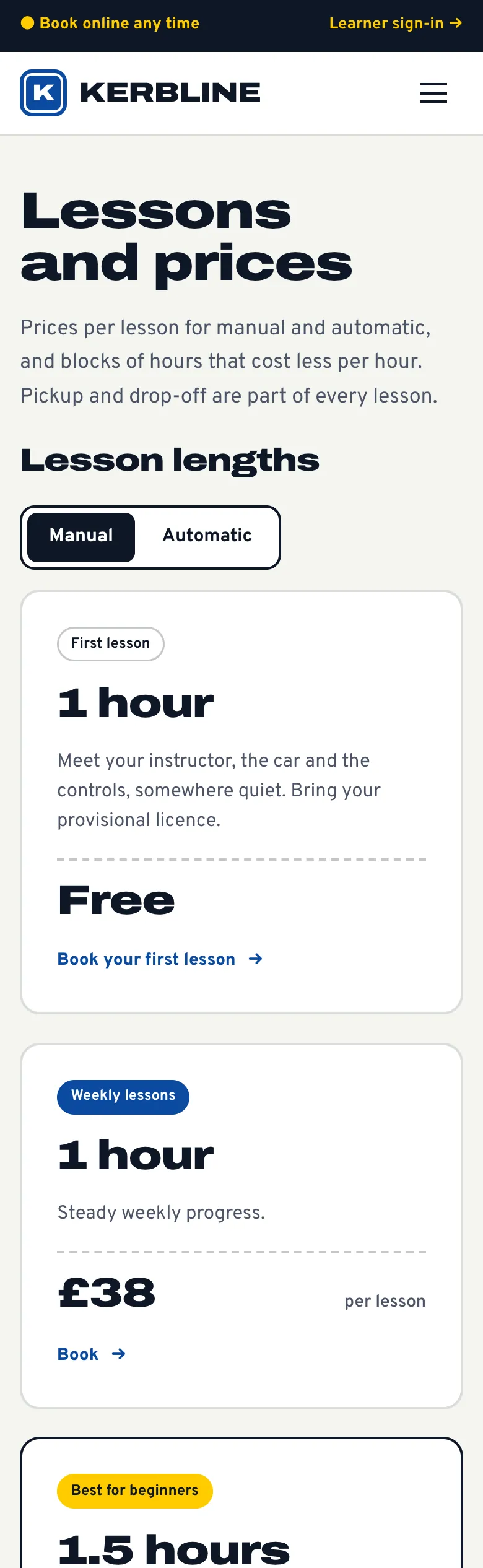 Lessons and prices page in the Signal design on a phone: the manual or automatic switch and the first lesson and lesson cards with prices