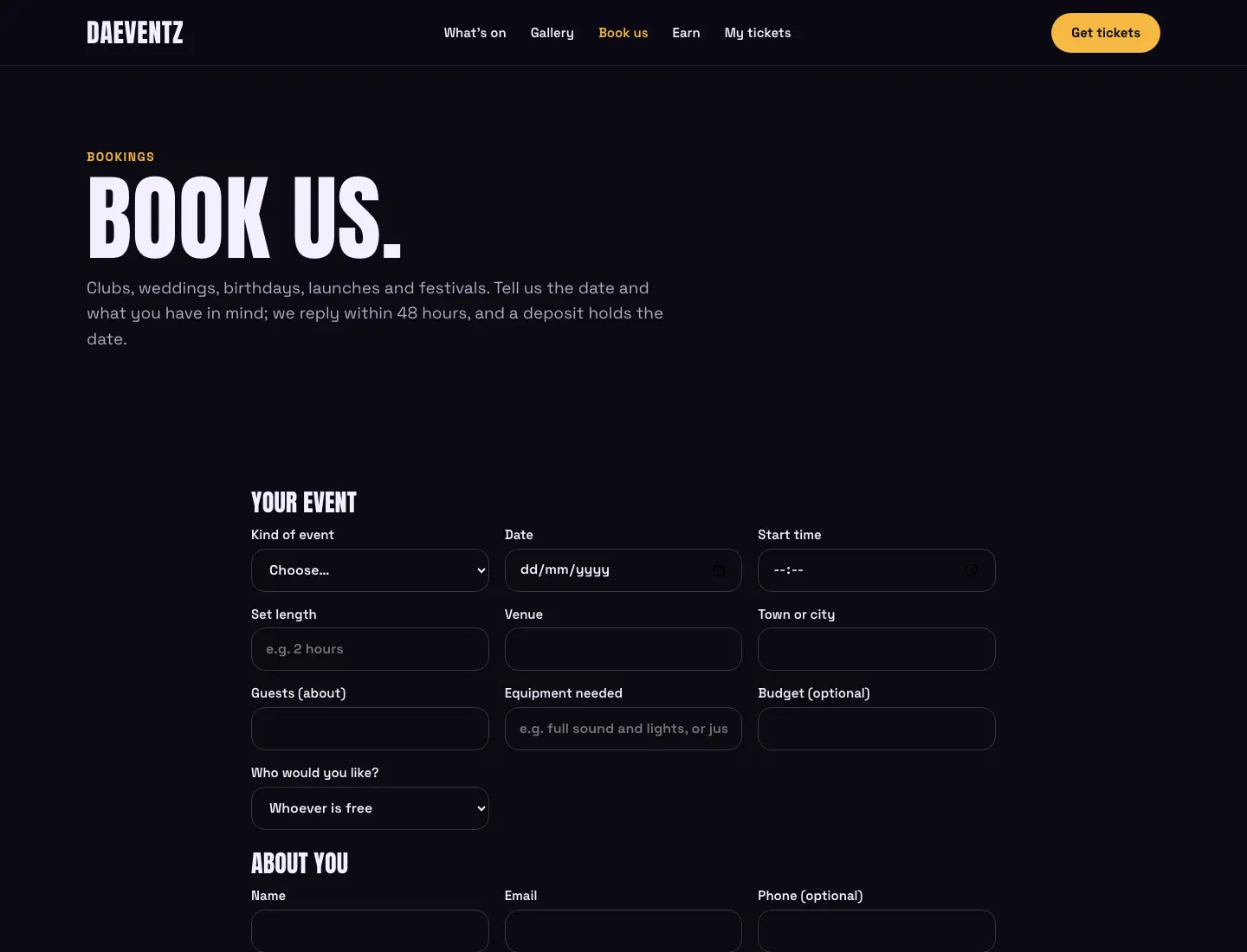 Book us in the Club design on desktop: the DJ booking form with the kind of event, date, start time, set length, venue, guests, equipment and budget