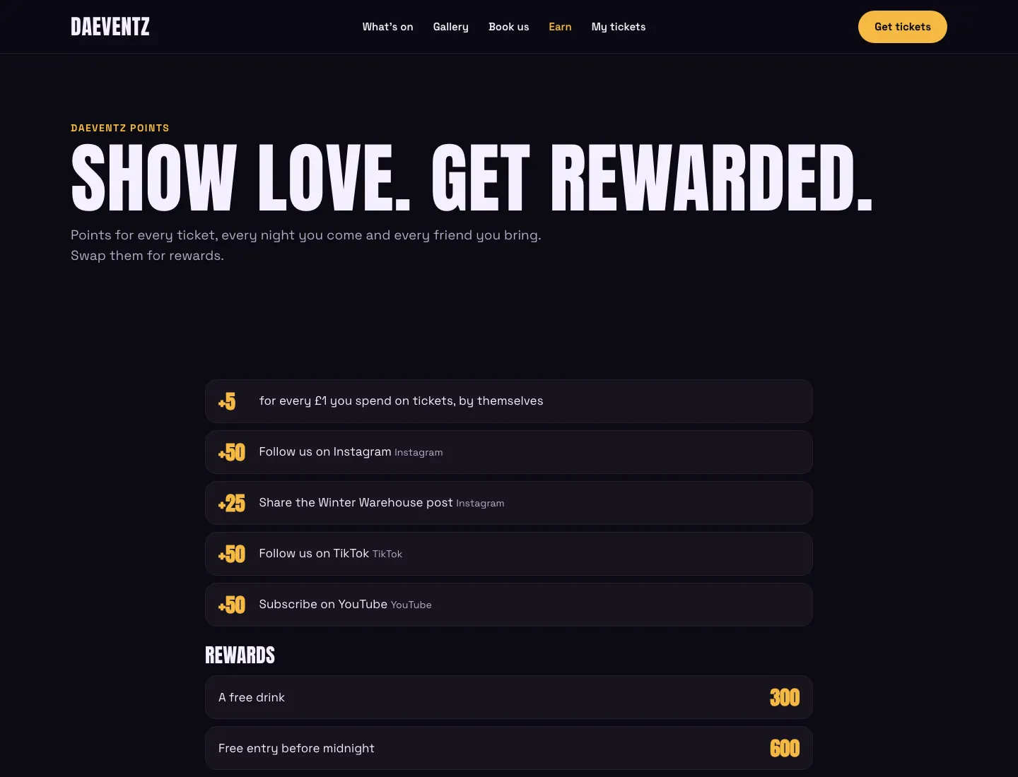Earn points in the Club design on desktop: points for spending, the social tasks with their points, and the rewards