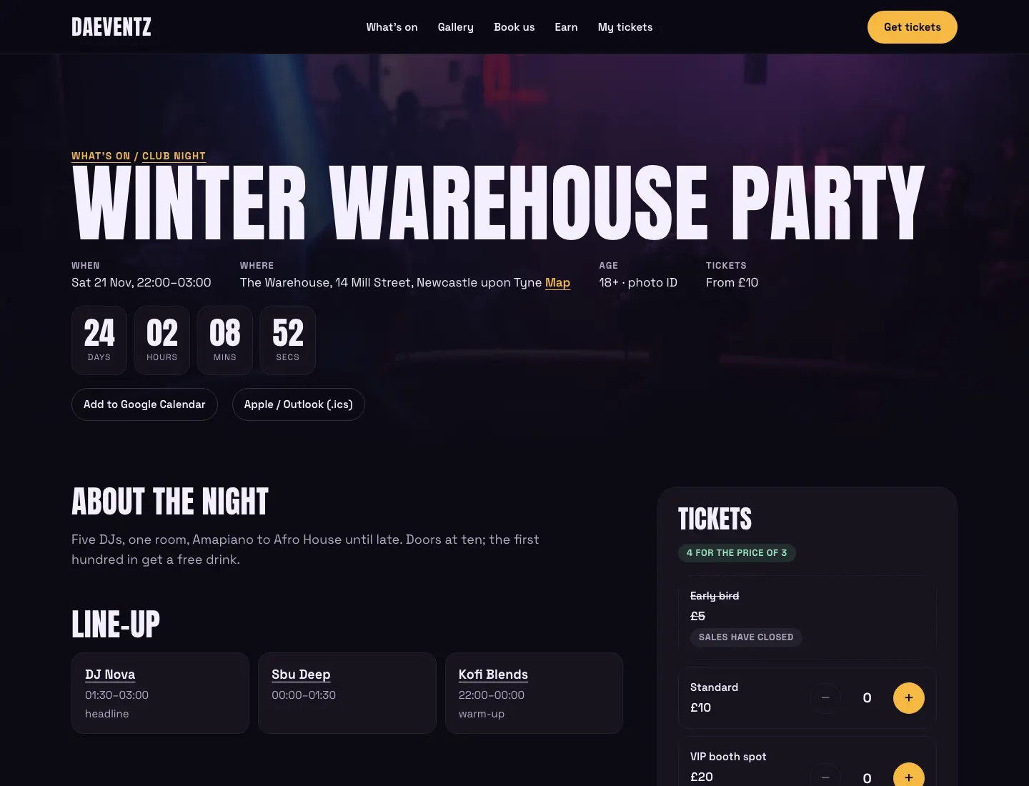An event page in the Club design on desktop: the night’s name over its photo, when, where, the age limit and price, a live countdown and calendar links, the line-up, and the tickets box with an early bird that has closed, a group deal and VIP
