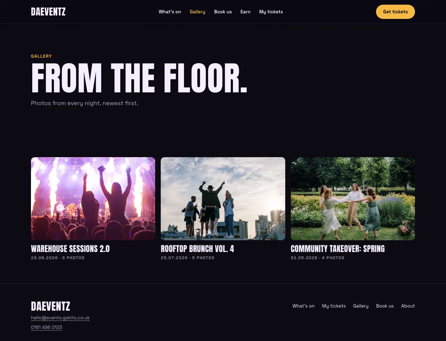 The albums in the Club design on desktop: each night’s album as a photo with its name and date