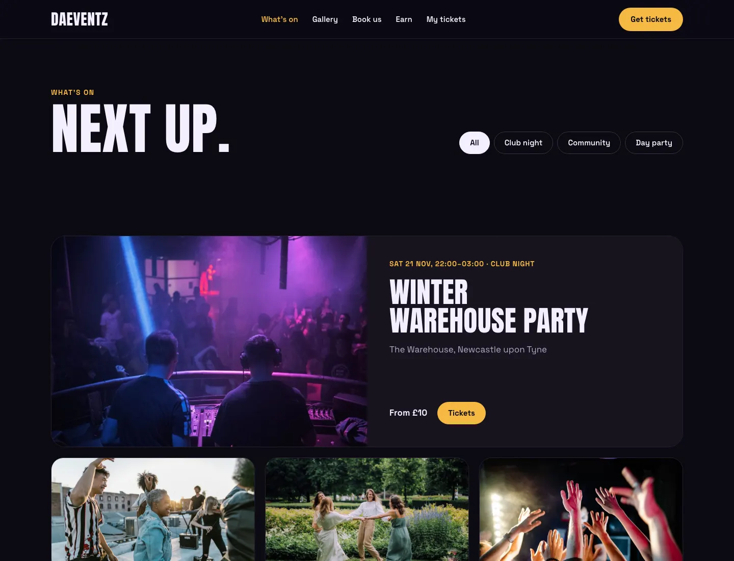 What’s on in the Club design on desktop: the next night as a wide feature card with its date, venue, price and Tickets, then every night coming up with filters for club nights, day parties and community