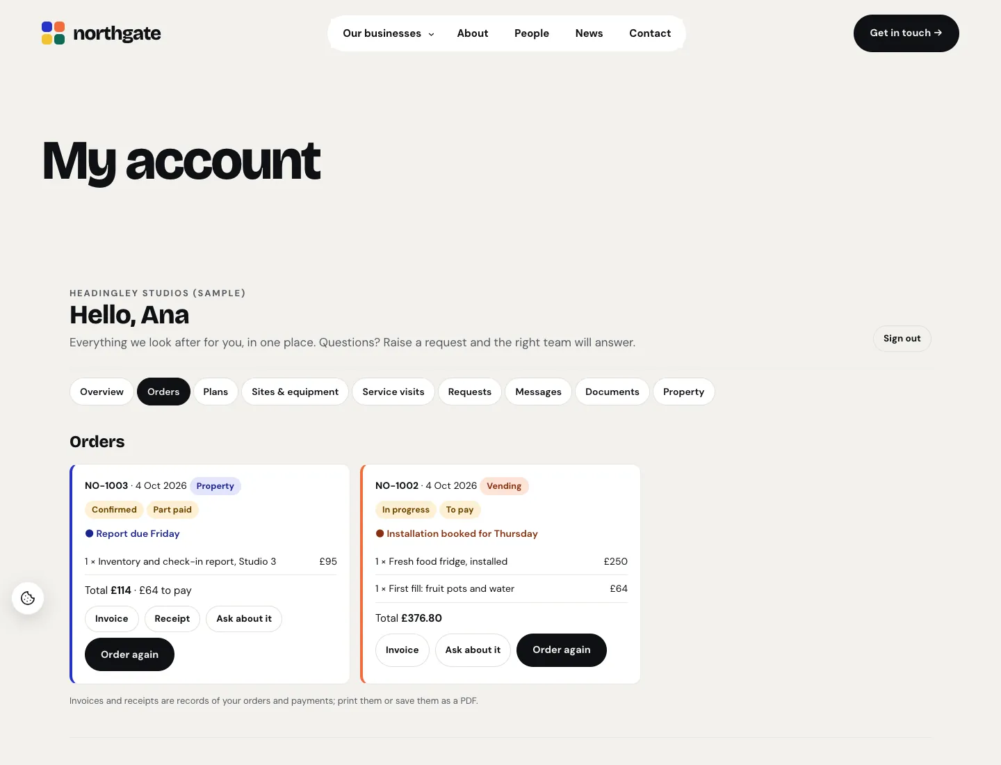 Client area (Pro) in the Mosaic design on desktop: My account for a sample client with Orders, Plans, Sites & equipment, Service visits, Requests, Messages, Documents and Property tabs, and orders from two businesses with progress, invoice and receipt buttons