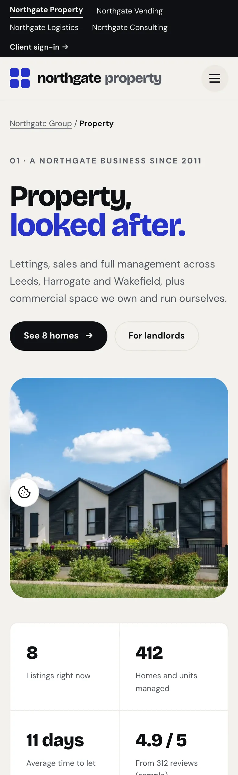 A business’s own page in the Mosaic design on a phone: Northgate Property with its heading, buttons, photo and figures