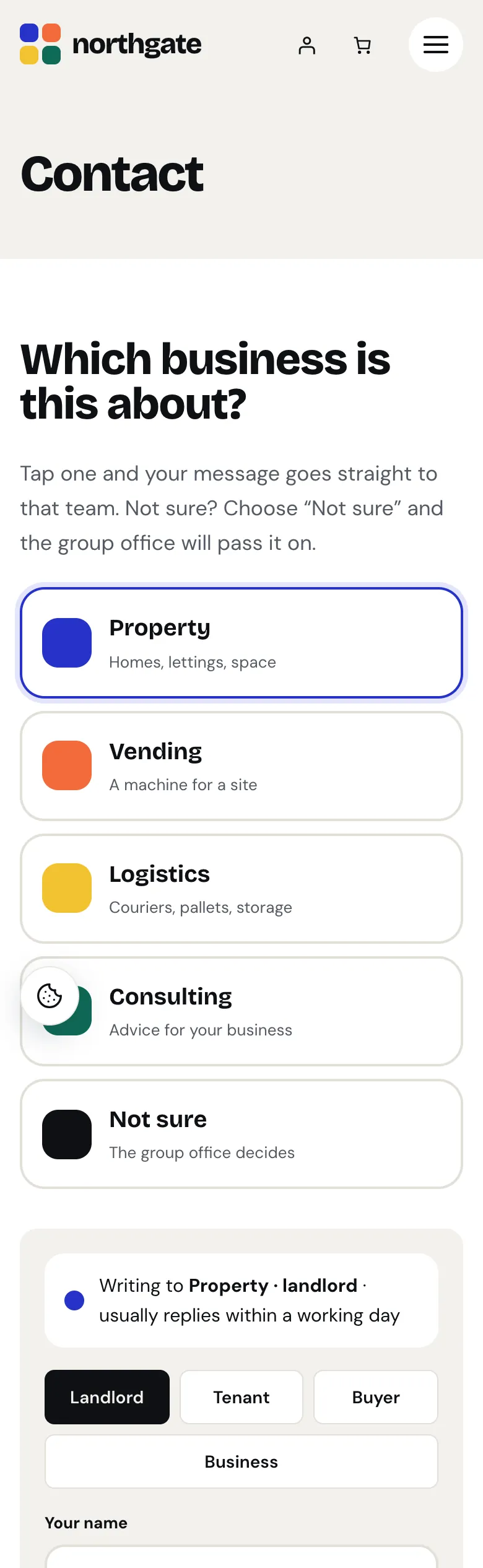 Contact page in the Mosaic design on a phone: a tile per business and Not sure, then the form for the business picked