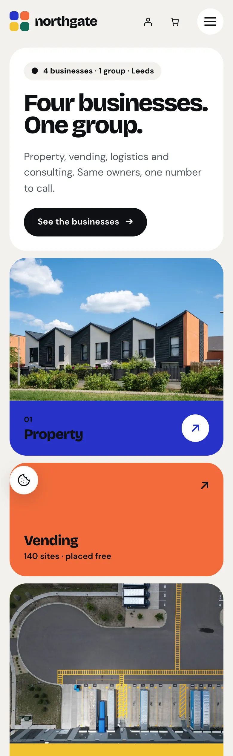 Group home page in the Mosaic design on a phone: “Four businesses. One group.”, See the businesses, then a colour card per business with its photo