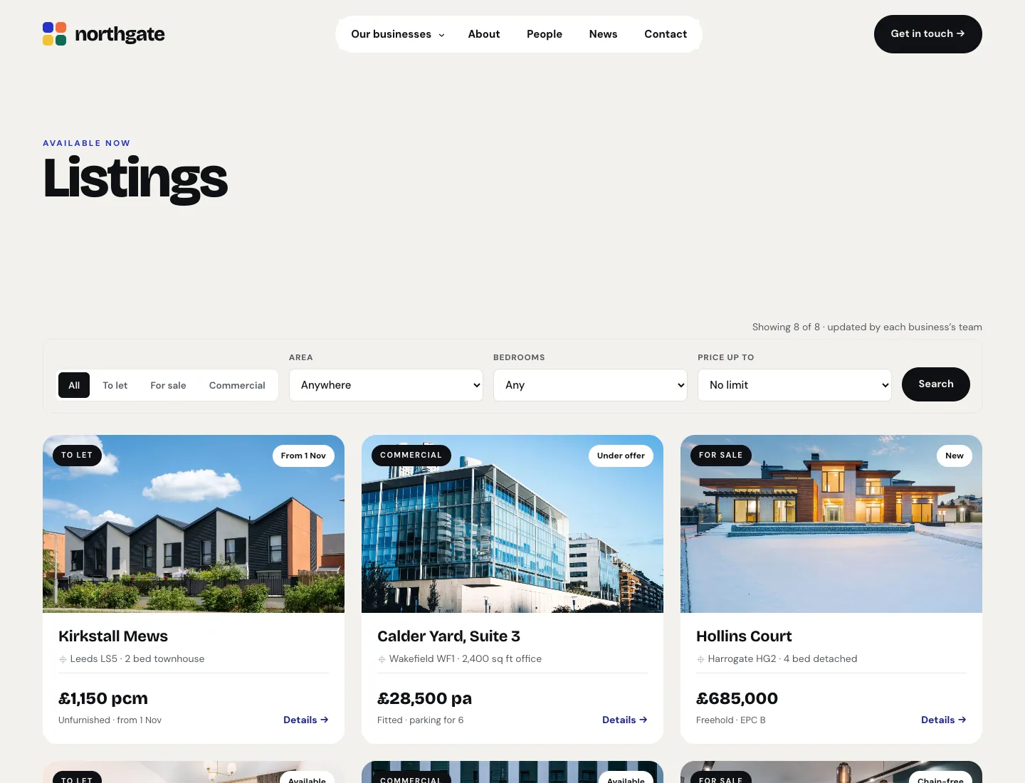 Listings page in the Mosaic design on desktop: filters for type, area, bedrooms and price, and cards for homes to let, commercial units and homes for sale with prices