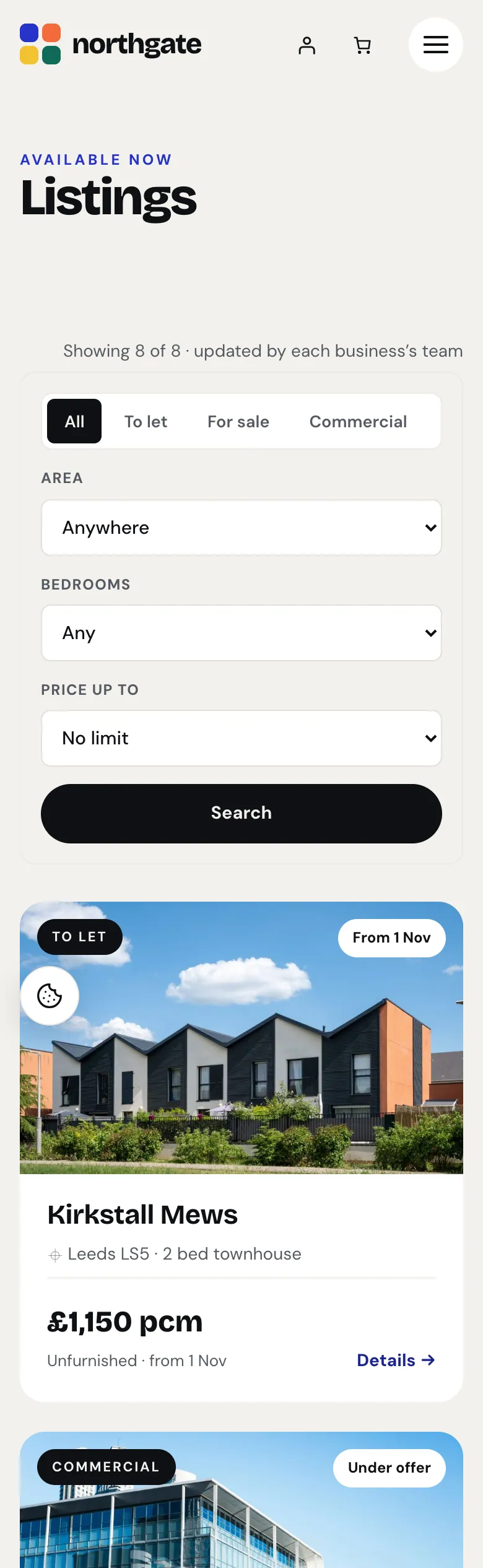 Listings page in the Mosaic design on a phone: the filters and the first listings with photos and prices