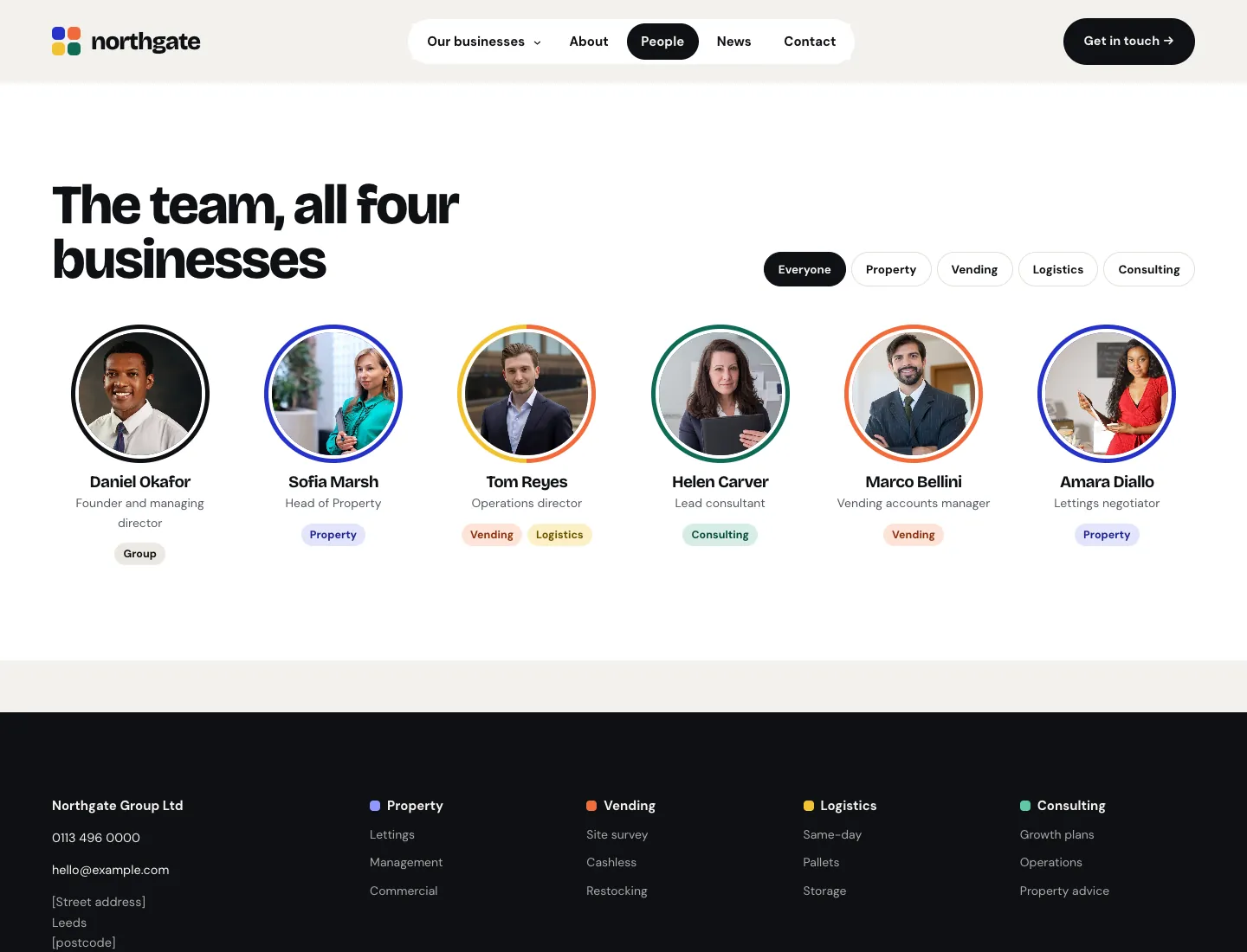 Team page in the Mosaic design on desktop: “The team, all four businesses” with filters by business and round portraits ringed in each business’s colour