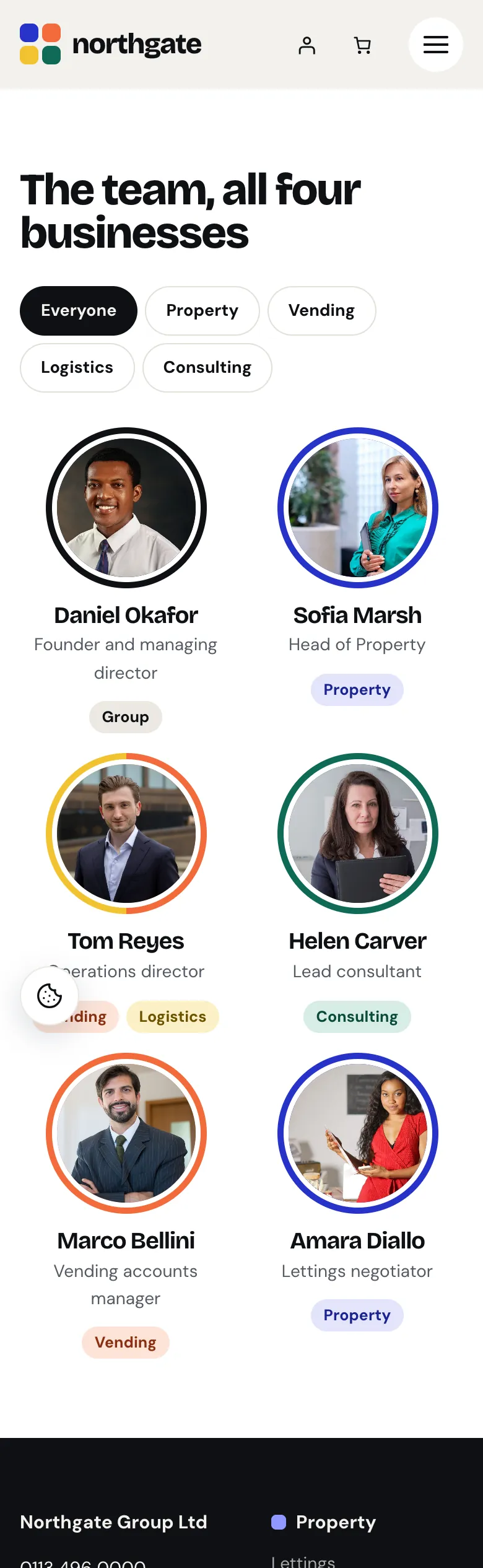 Team page in the Mosaic design on a phone: filters by business and the first portraits with their roles