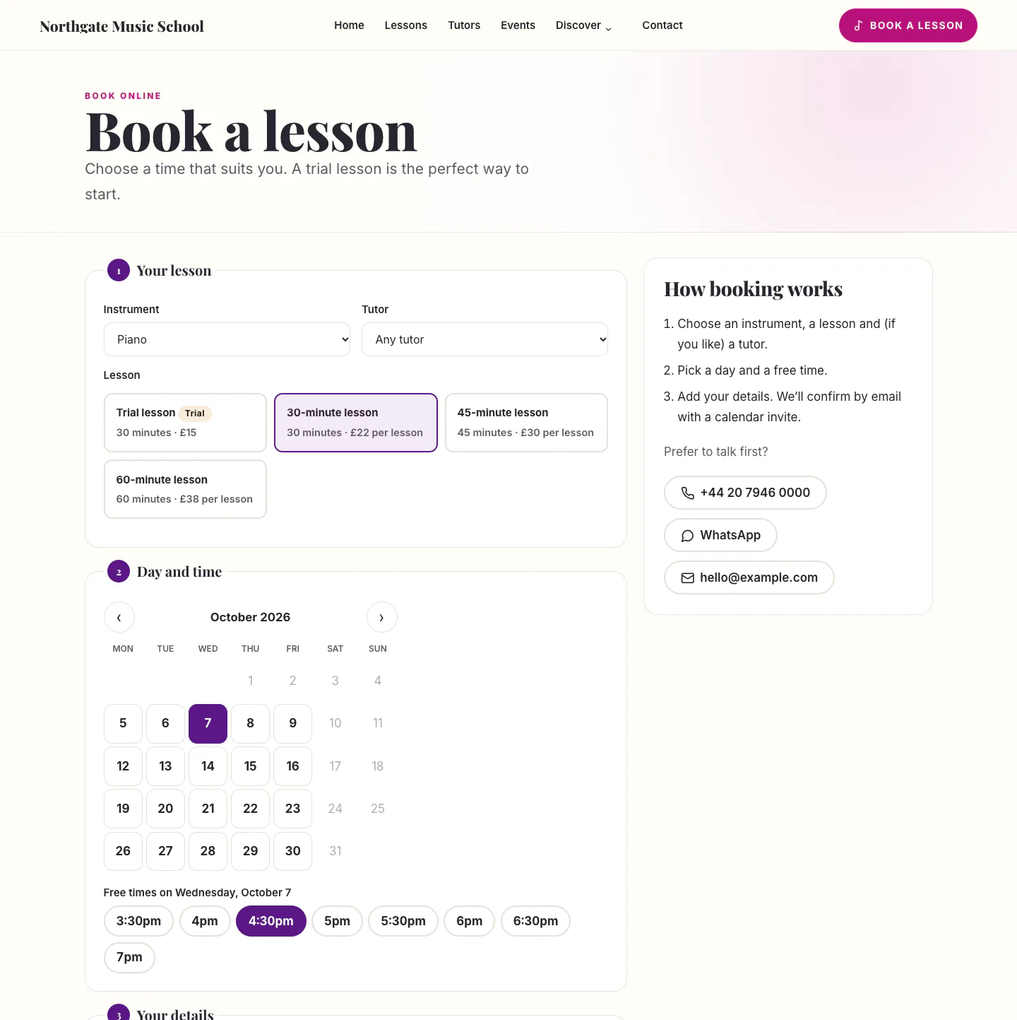 Music school “Book a lesson” page in the Classic design on desktop: lesson booking: instrument, tutor and lesson chosen, month calendar of free days and free times