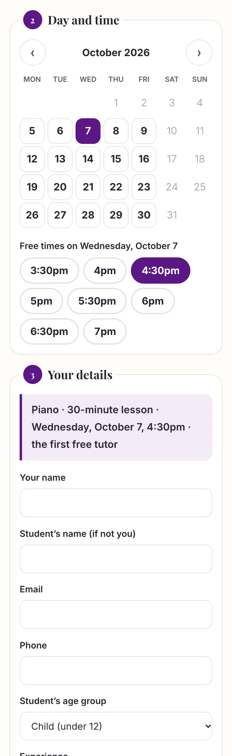 Music school “Book a lesson” page in the Classic design on a phone: booking calendar with free days, free times and the booking summary