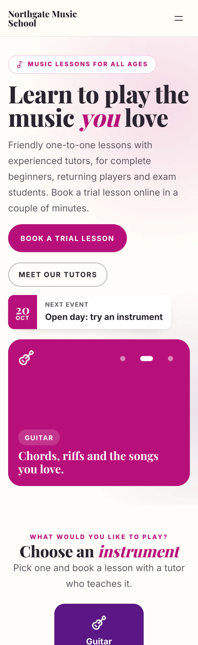 Music school home page in the Classic design on a phone: hero with Book a trial lesson and Meet our tutors buttons, next event and an instrument slide