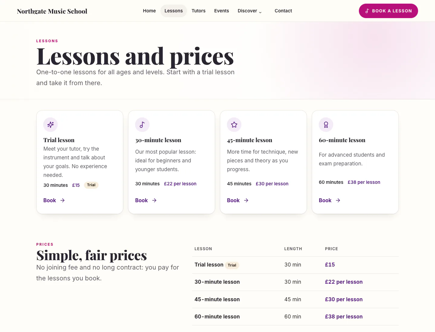 Music school “Lessons and prices” page in the Classic design on desktop: lesson types with lengths and prices, and a simple price table