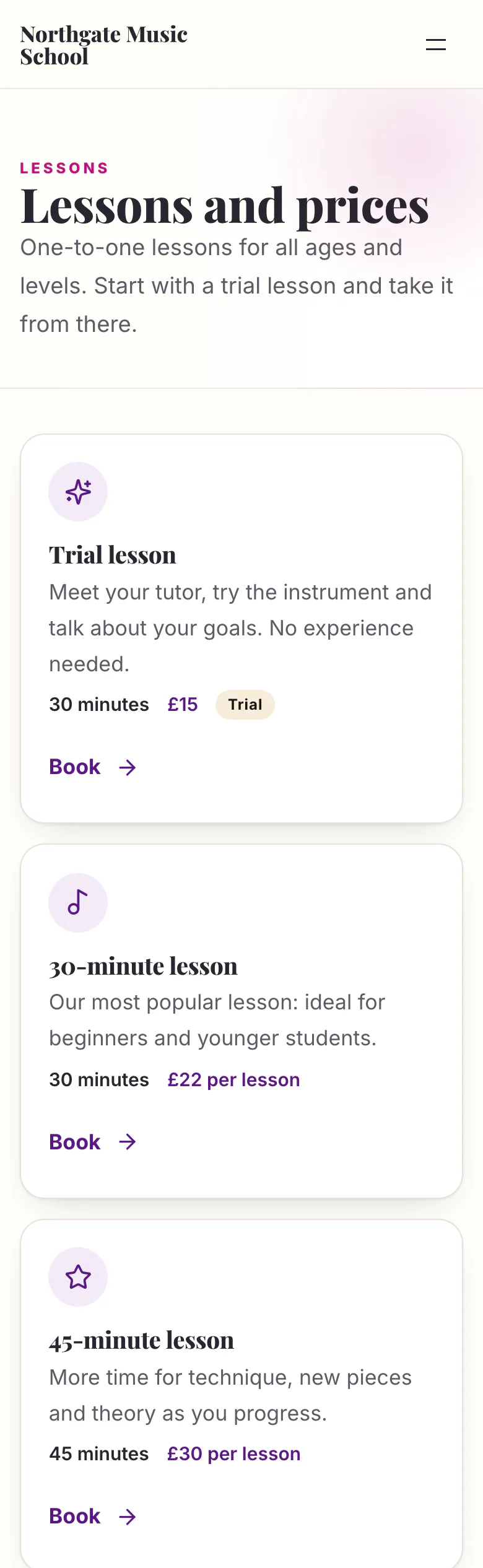Music school “Lessons and prices” page in the Classic design on a phone: lesson type cards with lengths, prices and Book links