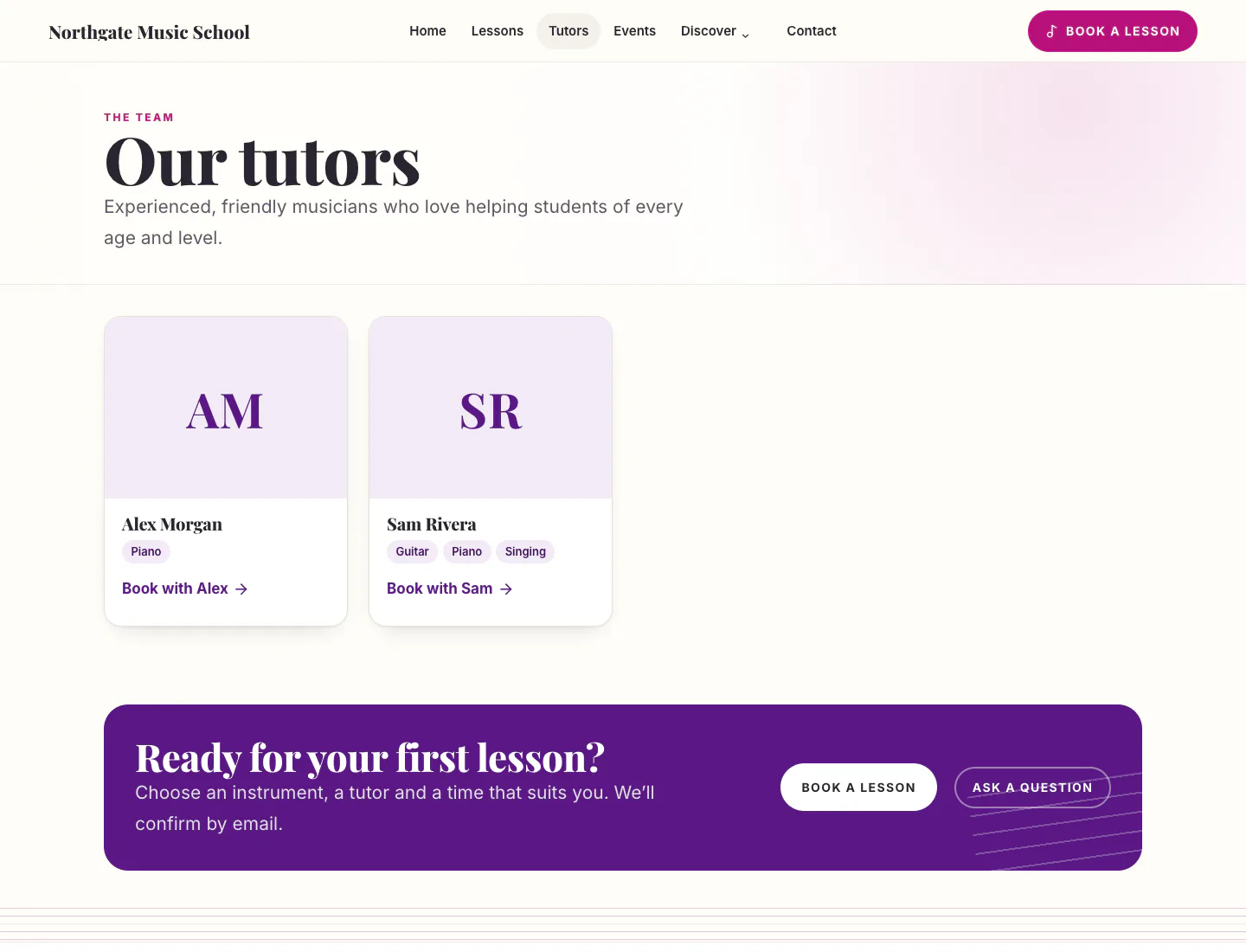 Music school “Our tutors” page in the Classic design on desktop: tutor cards with instruments taught and Book with links, plus a call to action