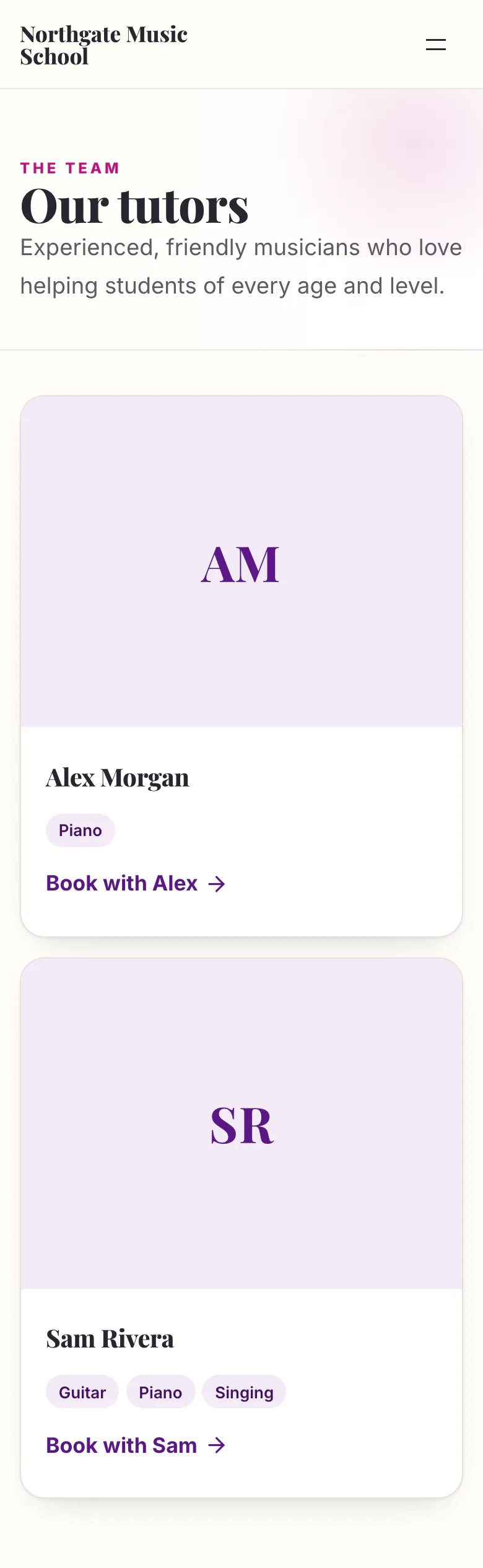 Music school “Our tutors” page in the Classic design on a phone: tutor cards with instruments taught and Book with links