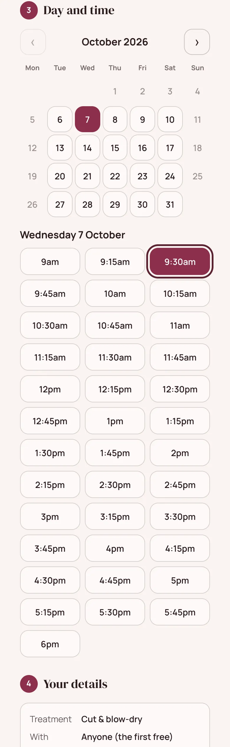 Salon “Book an appointment” page in the Blush design on a phone: month calendar of free days and the free times for the chosen day