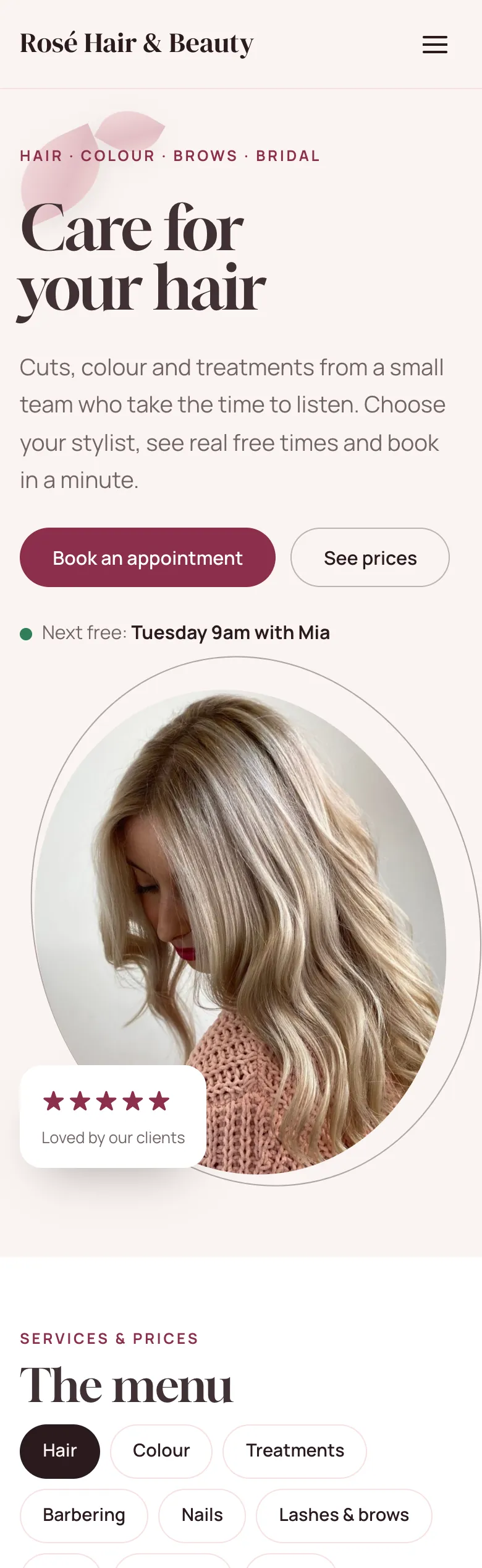 Salon home page in the Blush design on a phone: hero “Care for your hair”, Book an appointment and See prices buttons, the next free time and the oval hero photo
