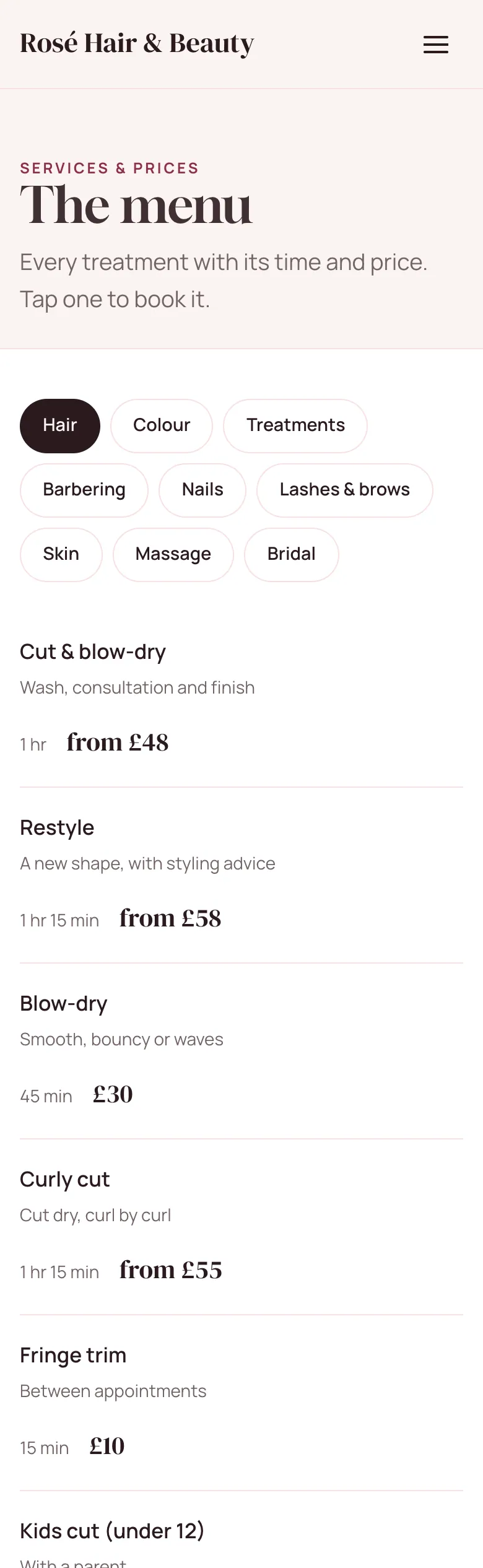 Salon “Services and prices” page in the Blush design on a phone: category buttons and treatments with their times and prices