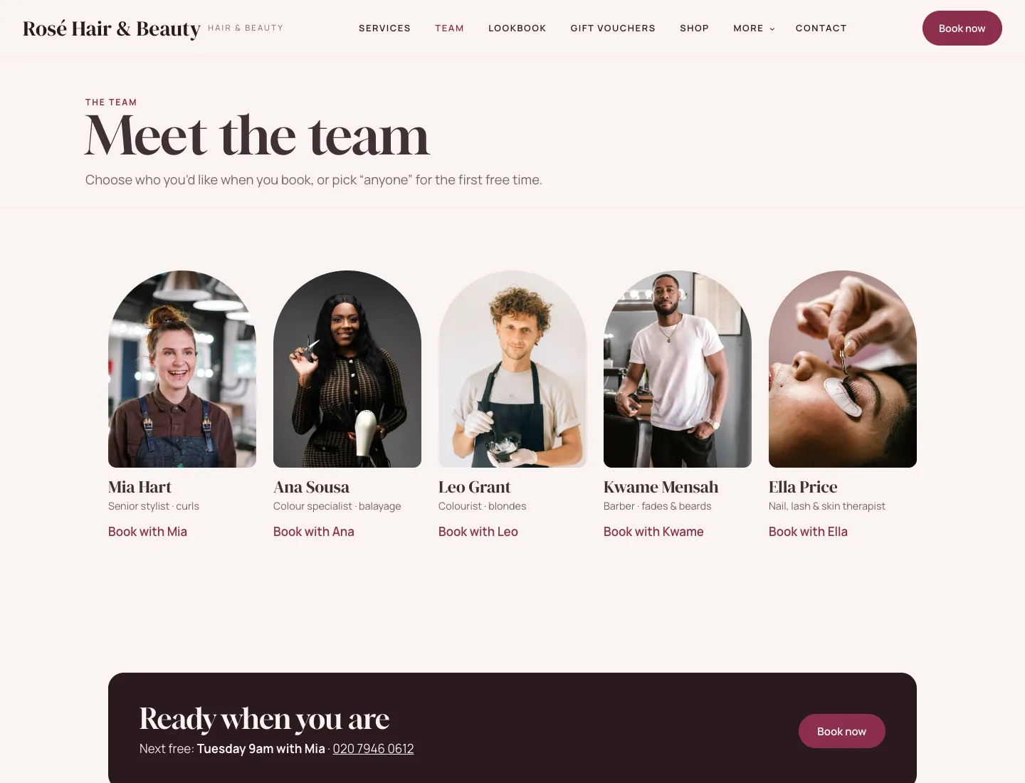 Salon “Meet the team” page in the Blush design on desktop: five stylists in arched photos with their roles and Book with links
