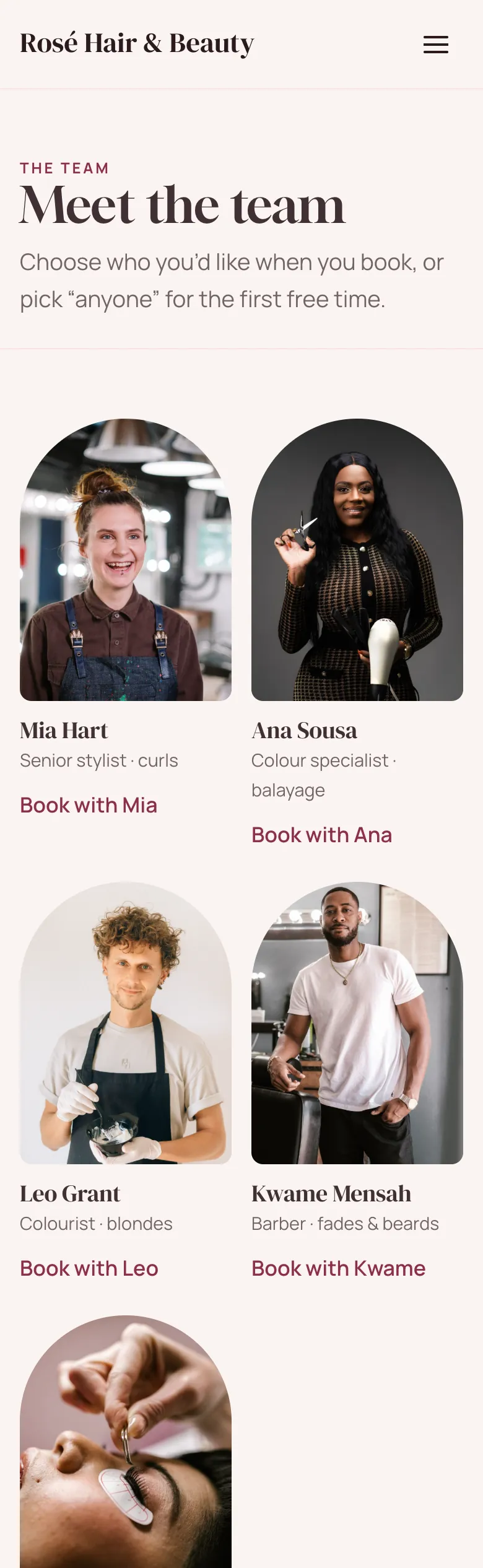 Salon “Meet the team” page in the Blush design on a phone: stylists in arched photos with their roles and Book with links