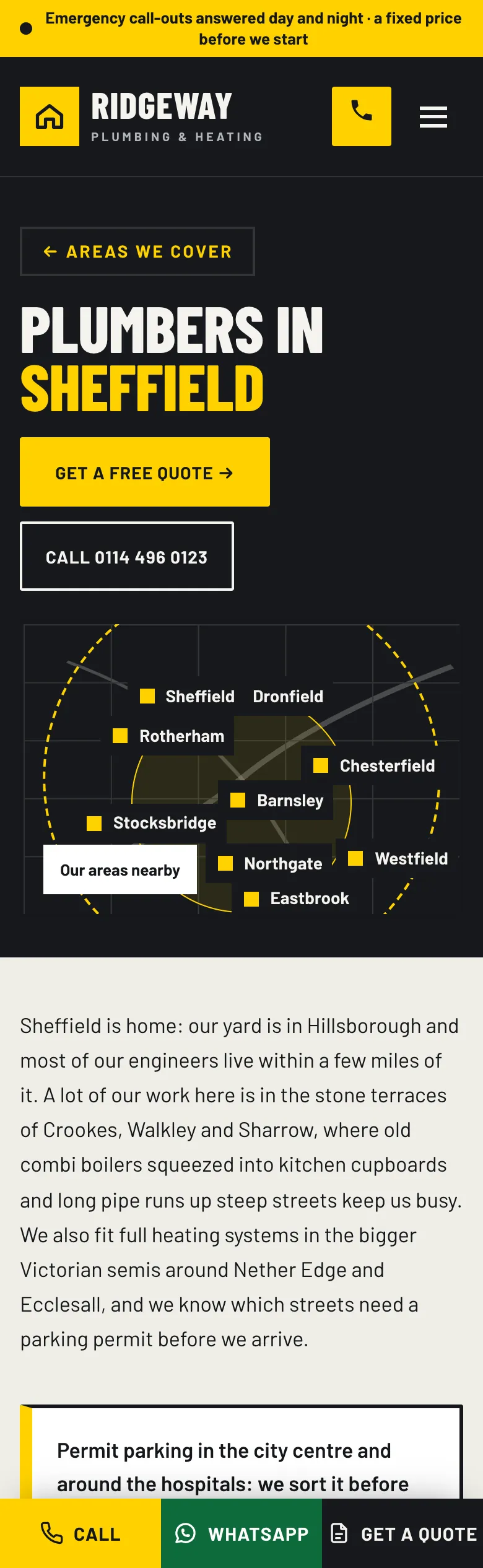 A service area page in the Workshop design on a phone: “Plumbers in Sheffield”, the quote and call buttons, the map of nearby areas and the town’s own words