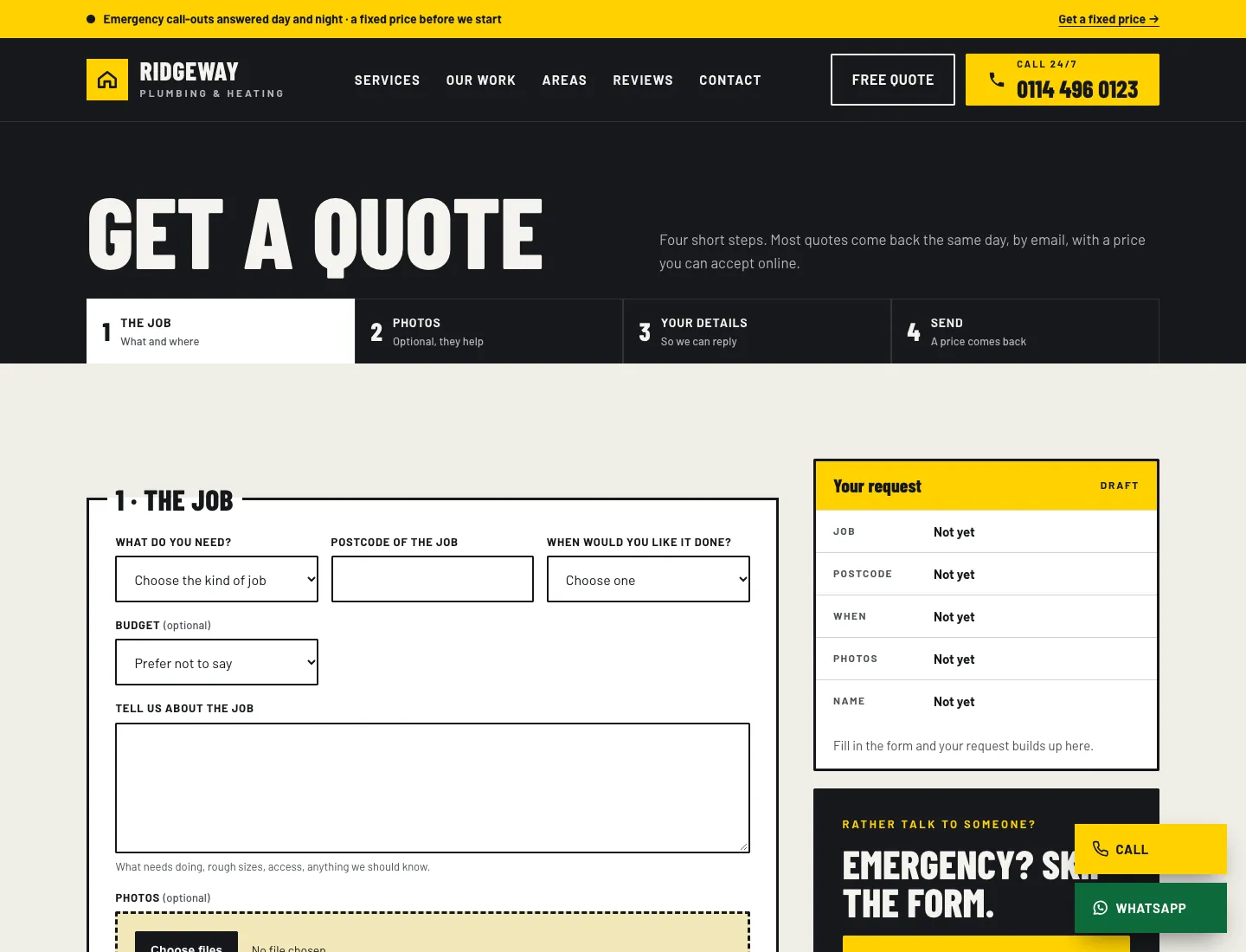 Get a quote page in the Workshop design on desktop: four steps (the job, photos, your details, send), the form asking what you need, the postcode, when and a budget, a description and photos, and a “Your request” summary that fills in as you type