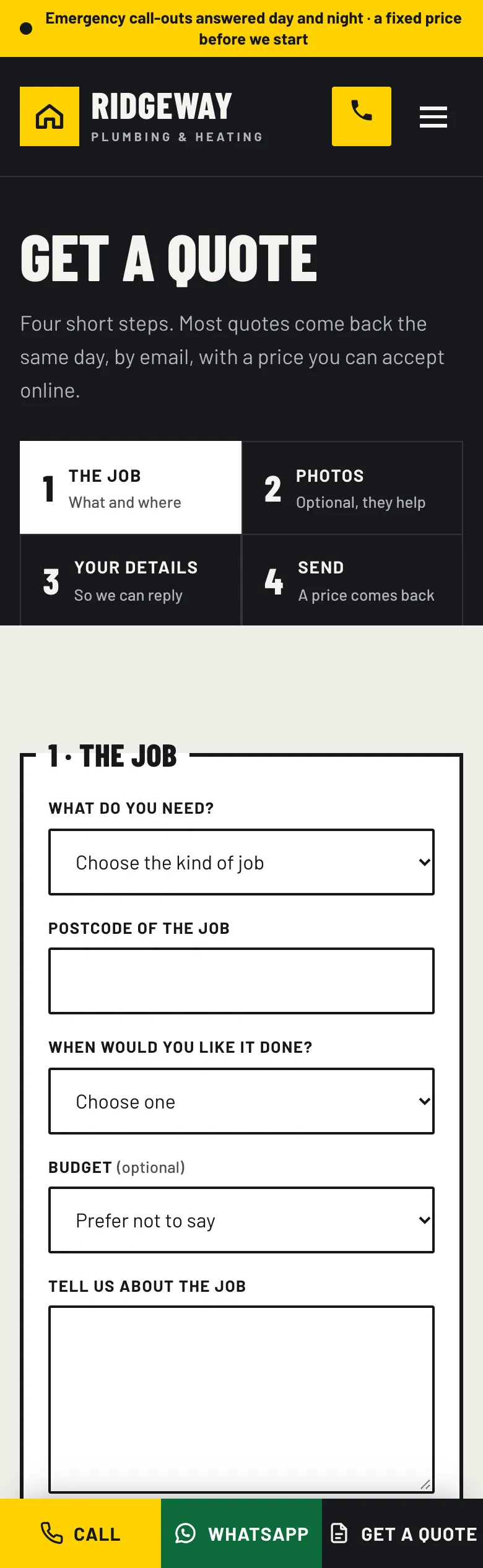 Get a quote page in the Workshop design on a phone: the four steps as tiles, then the job questions: what you need, the postcode, when, budget and a description
