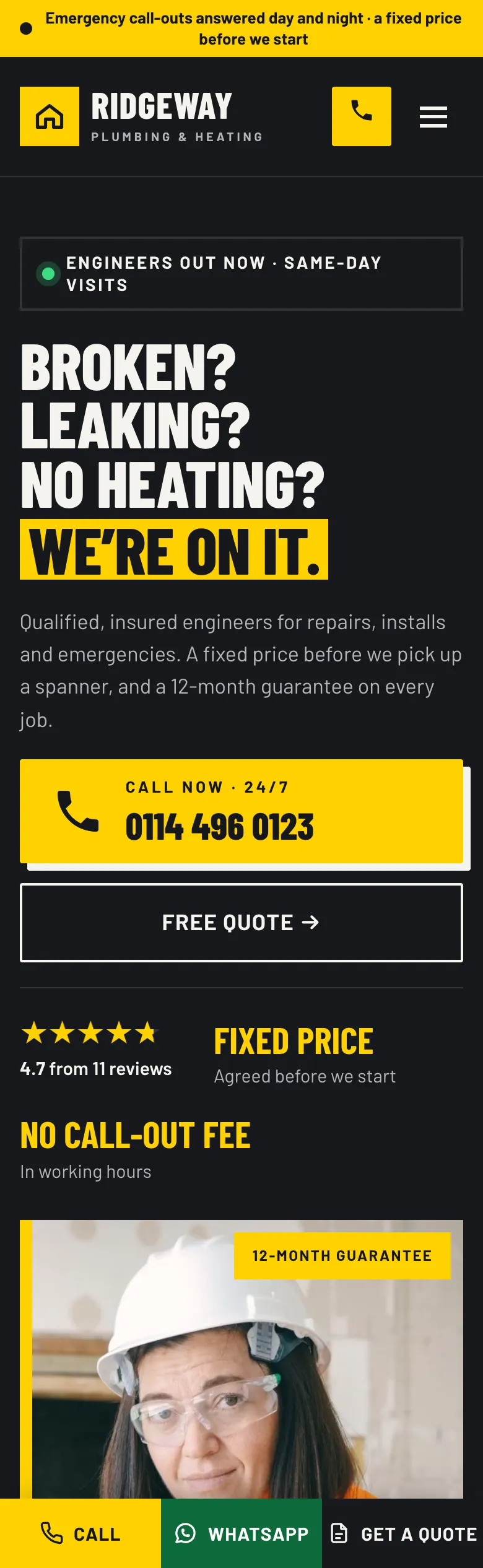 Trades home page in the Workshop design on a phone: the call-out strip, “Broken? Leaking? No heating? We’re on it.”, a full-width Call now button, Free quote, the star rating, Fixed price and No call-out fee