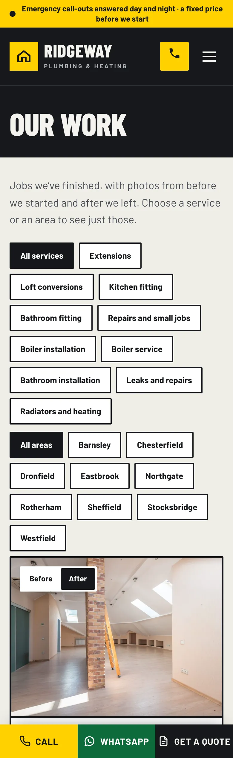 Our work page in the Workshop design on a phone: the service and area filters, then a loft en-suite project with its Before and After switch