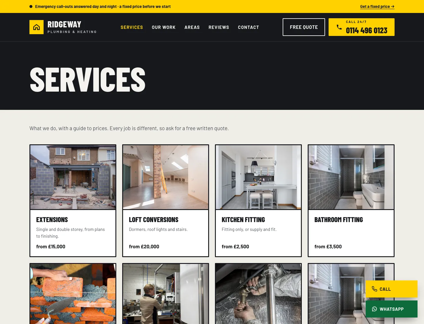 Services page in the Workshop design on desktop: “What we do, with a guide to prices”, and cards with a photo for extensions, loft conversions, kitchen fitting and bathroom fitting, each with a short line and a “from” price
