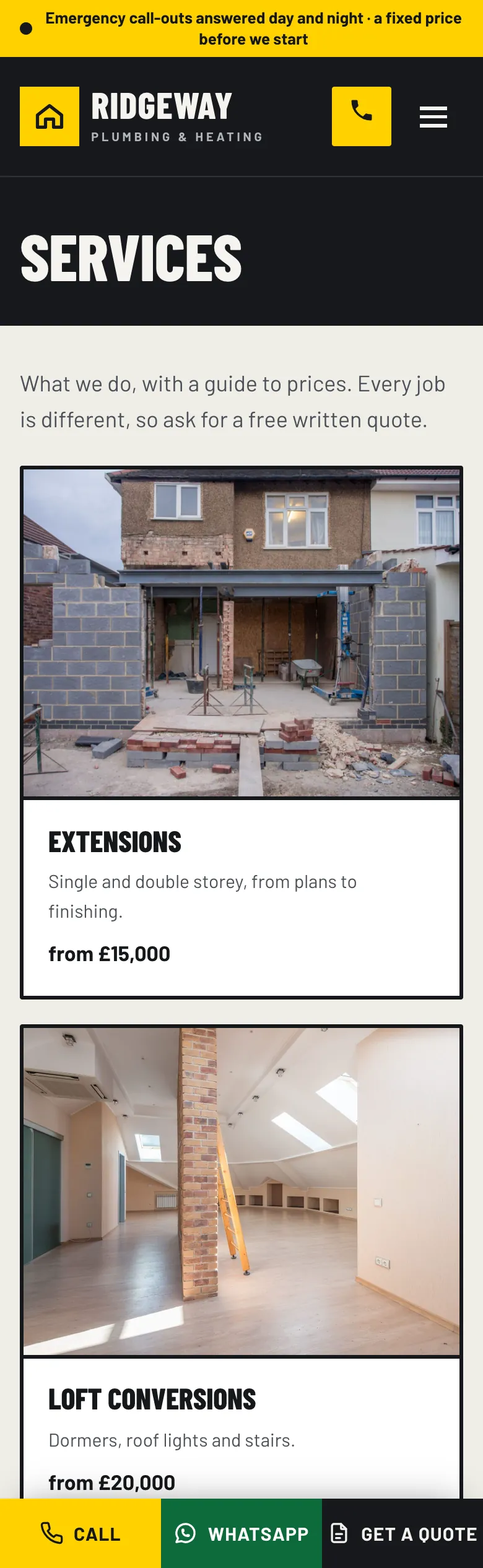 Services page in the Workshop design on a phone: extensions from £15,000 and loft conversions from £20,000, each with its photo, and the Call, WhatsApp and Get a quote bar