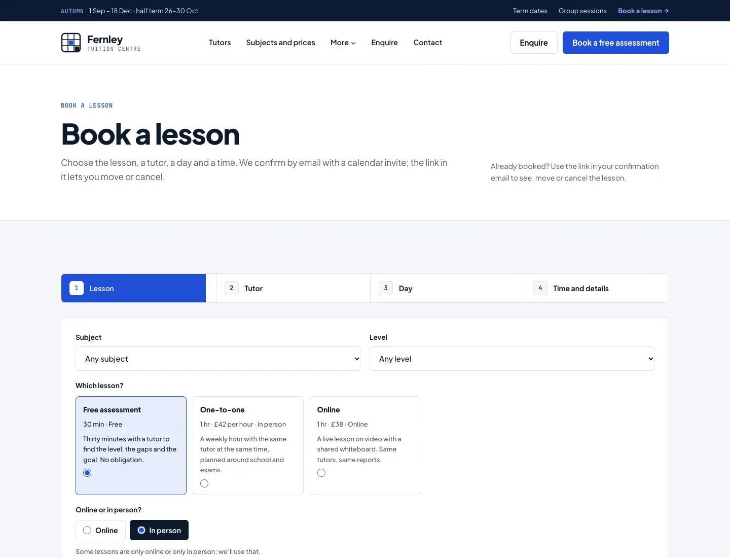 Book a lesson page in the Campus design on desktop: four steps (Lesson, Tutor, Day, Time and details), subject and level, and cards for a free assessment, a one-to-one and an online lesson with their prices